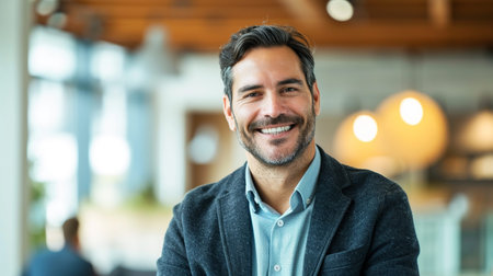 Portrait of handsome businessman smiling at camera in office. Successful business conceptの素材