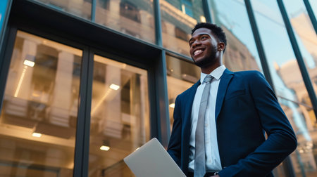 Smiling african american businessman with laptop standing outside office buildingの素材