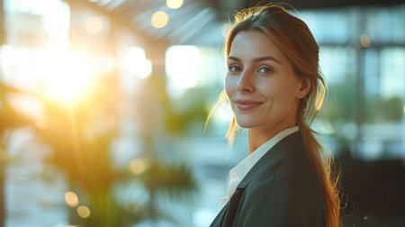 Portrait of a beautiful young business woman standing in the office.の素材