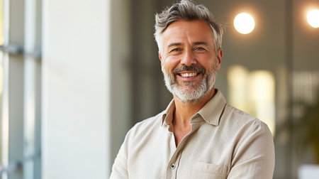 Portrait of handsome mature man smiling at camera. Mature man with gray hair and beard.の素材