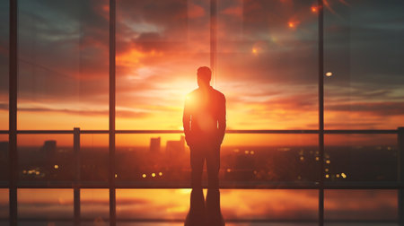Businessman standing in front of a panoramic window with sunsetの素材