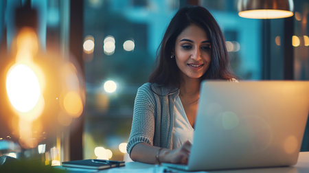 Beautiful woman working with laptop in cafe. Young female freelancer using laptop at coffee shop.の素材