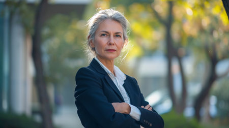 Portrait of mature businesswoman with arms crossed in front of office buildingの素材