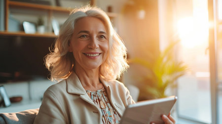 cheerful senior businesswoman using digital tablet at modern home officeの素材