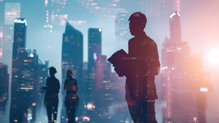 Silhouette of a businessman standing with a folder in his hands on the background of the night cityの素材