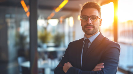Portrait of confident businessman standing with arms crossed and looking at camera in officeの素材