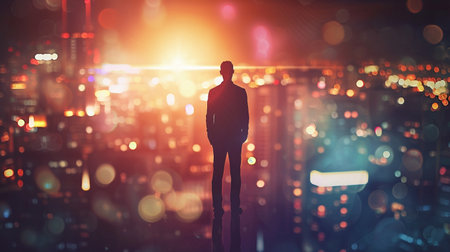 Silhouette of a businessman standing on the background of the night cityの素材
