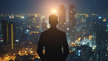 Silhouette of a businessman against the background of the night cityの素材