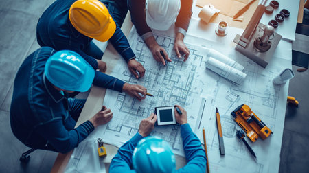 Top view of engineer and architect working with blueprints at construction siteの素材