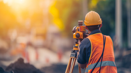 Surveyor or engineer working with theodolite at construction siteの素材