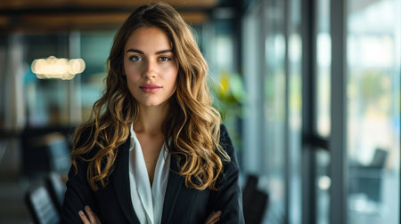 Portrait of beautiful businesswoman with arms crossed looking at camera in officeの素材
