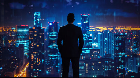 Back view of businessman looking at night city and illuminated buildings. leadership conceptの素材
