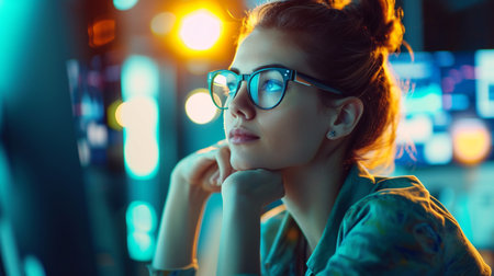 Portrait of a beautiful young woman with glasses in the night cityの素材