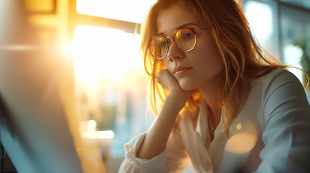 Beautiful young woman in glasses is sitting in a cafe near the window.の素材