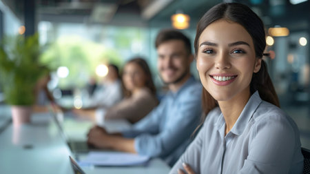 Portrait of smiling businesswoman sitting at table in office with colleagues in backgroundの素材