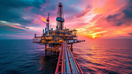 Oil and gas platform in the sea at sunset. Oil and gas industry and hard work concept.の素材