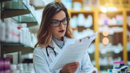 Portrait of a female pharmacist in a white coat and glasses working in a pharmacy.の素材