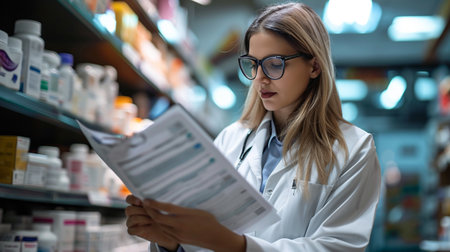 Portrait of young female pharmacist reading prescription in drugstore.の素材