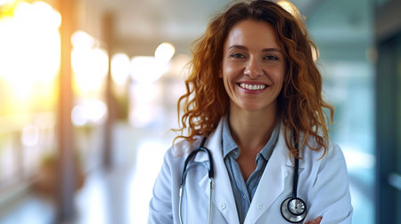Portrait of smiling female doctor with stethoscope in hospital.の素材