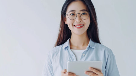 Smiling asian businesswoman holding digital tablet and looking at cameraの素材