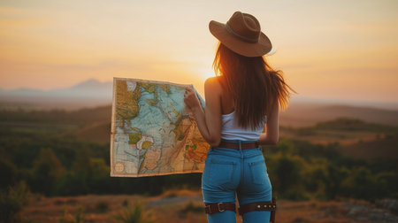 Traveler girl with a map on the background of the sunset.の素材