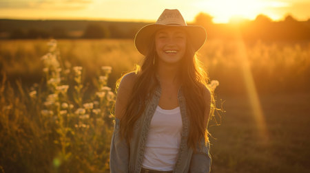 Beautiful young woman in hat and sweater in the field at sunsetの素材