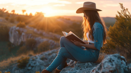 A young woman in a hat sits on a rock and reads a book in the rays of the setting sun.の素材