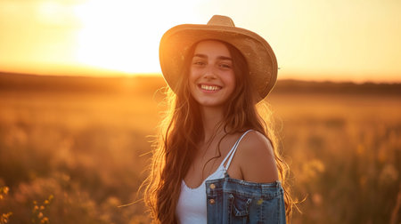 Portrait of a beautiful girl in a wheat field at sunset.の素材