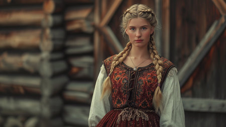 Portrait of a beautiful girl in a medieval costume on a background of wooden housesの素材