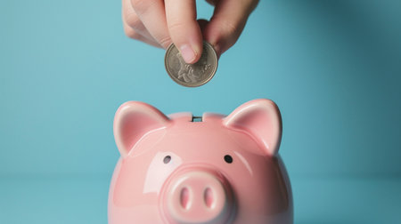 Hand putting coin into piggy bank on blue background, saving money conceptの素材
