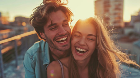 Beautiful young couple is laughing and hugging on the roof of the house.の素材