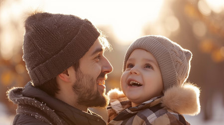 Happy father and son in the park in the winter. Happy family.の素材