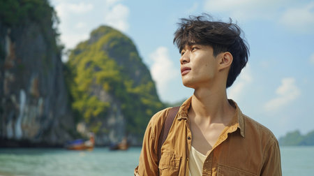 young asian man at Ha Long bay, Quang Ninh province, Vietnamの素材