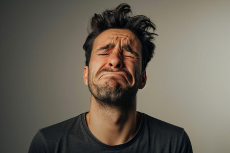 Stressed young man with his head in the air. Studio shot.の素材
