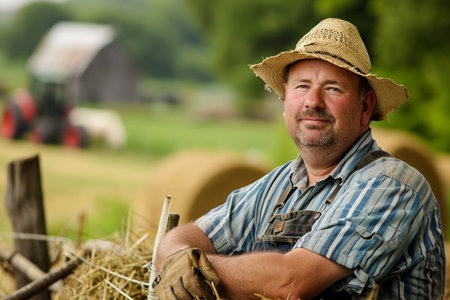 Farmer in straw hat and plaid shirt sitting on hay baleの素材