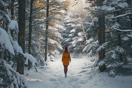 A girl in a yellow jacket walks through the forest in winter.の素材