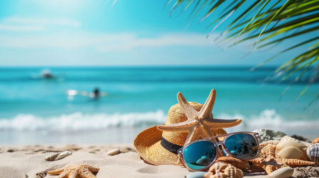 Summer holiday concept with sunglasses, hat and seashells on sandy beachの素材
