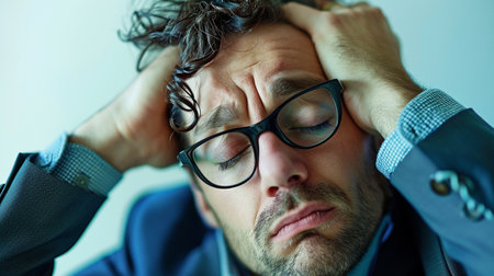 Portrait of stressed businessman with closed eyes and hands on head.の素材