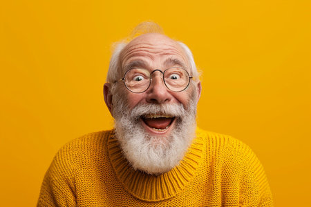 Portrait of a happy senior man with white beard and glasses isolated over yellow backgroundの素材