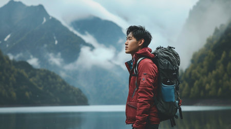 young asian man backpacker hiking on mountain lake in autumn seasonの素材