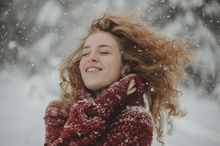Portrait of a young beautiful girl with red hair on a background of a snowy forestの素材