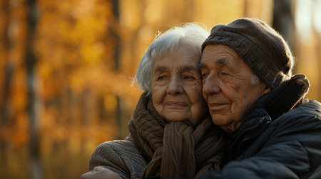 Portrait of an elderly couple in the autumn park. Selective focus.の素材