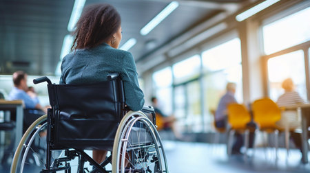 Rear view of a young woman in a wheelchair in an officeの素材