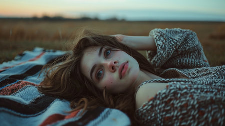 Beautiful young woman with long curly hair lying on a plaid in the field at sunsetの素材