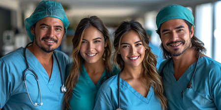 Portrait of a group of doctors smiling at the camera in a hospitalの素材