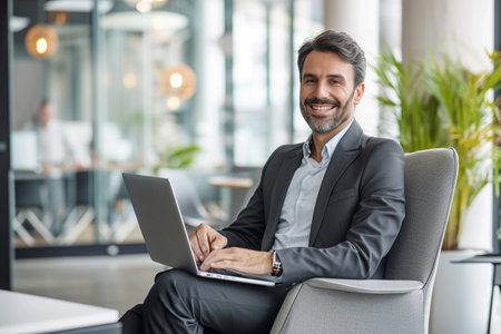 Portrait of a smiling mature businessman using laptop while sitting in officeの素材