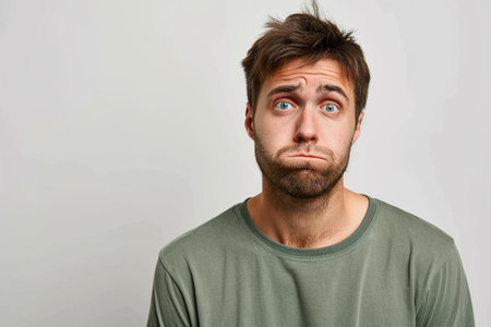 Portrait of young man looking at camera with shocked facial expression against gray backgroundの素材