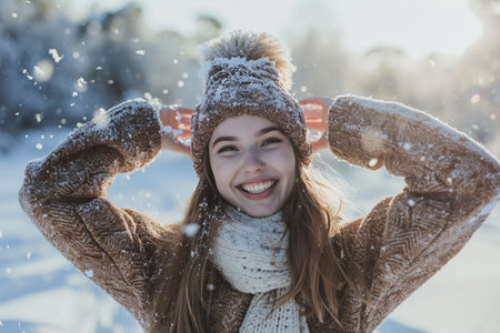Portrait of a beautiful girl in a winter park. Winterfashion.の素材