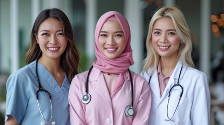 group of muslim female doctors with stethoscopes in hospitalの素材