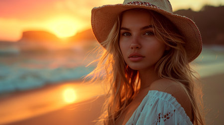 Beautiful young woman in hat on the beach at sunset. vacation conceptの素材